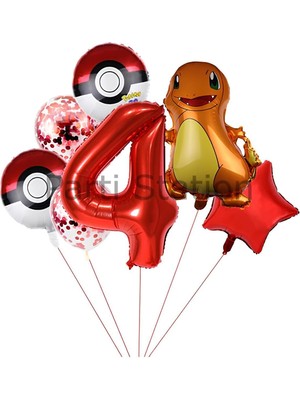 Pokemon Charizard Konsept 4 Yaş Balon Set Pokemon Çarizart Yıldız Balon Doğum Günü Folyo Balon Set