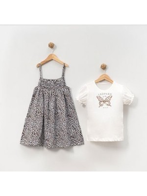 Kelebek Taş Baskı Leopar Elbise 2'li Takım Beyaz - 6 Yaş