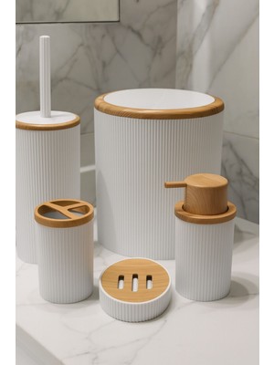 Beyaz Bambu Desenli 5 Parça Banyo Seti: Çöp Kovası, Wc Fırçalık, Sabunluk, Diş Fırçalık