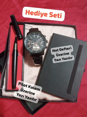 Özel Kutulu Hediyelik Erkek Kombin Saat Seti Pilot Kalem Not Defteri - 6043