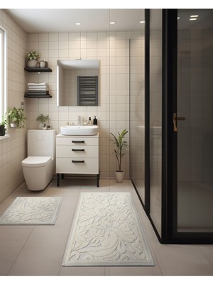 2'li Bukle Banyo Takımı, Modern, Doğal ve Şık Kaymaz Tabanlı Banyo Tekstili
