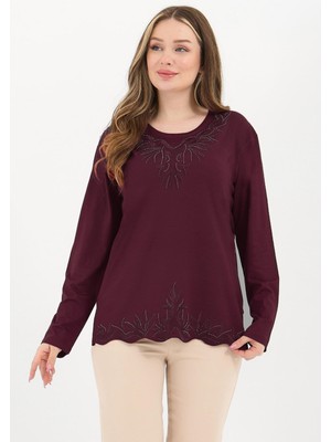 Kadın Orta Yaş ve Üzeri Viskon Yaka Etek Taşlı Işlemeli Likralı Koyu Bordo Anne Penye Bluz