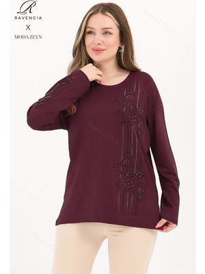 Kadın Orta Yaş ve Üzeri Viskon Şerit Desen Taşlı Işlemeli Likralı Koyu Bordo Anne Penye Bluz