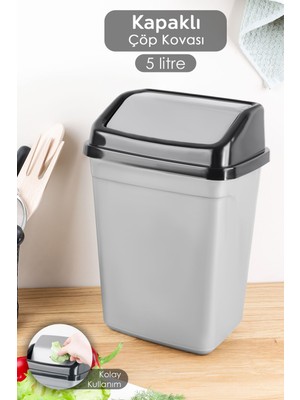 Gri Kapaklı 5l Plastik Çöp Kovası, Ev ve Ofis Için Pratik ve Şık Tasarım