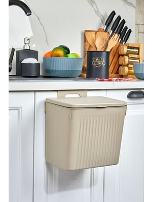 Bej 8l Mutfak Tezgahı ve Dolap Askılı Çöp Kovası, Şık ve Kullanışlı Tasarım