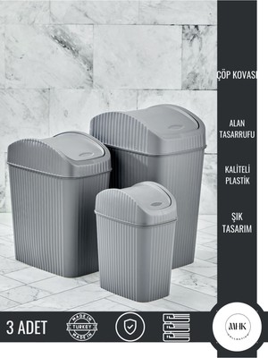 3'lü Gri Kapaklı Modern Çöp Kovası Seti, Farklı Boyutlarda