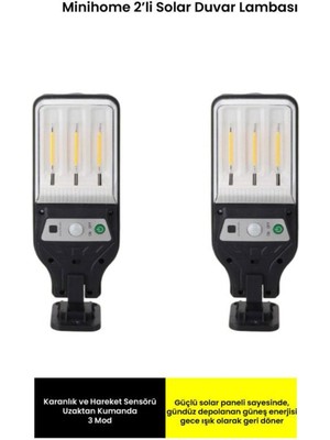 Solar Duvar Lambası Seti, Hareket Sensörlü, Uzaktan Kumandalı, Siyah, Enerji Tasarruflu