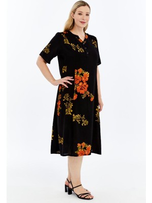 Viskon Siyah Zemin Turuncu Çiçek Desenli Yazlık Kadın Elbisesi