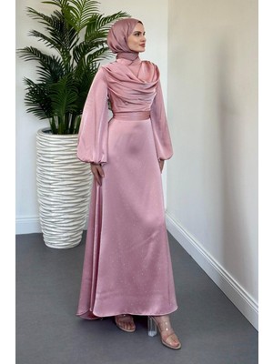 Areka Taşlı Kuyruklu Degaje Yaka Abiye Pudra