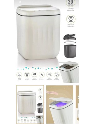 Sensörlü 20L Koku Geçirmez Çöp Kovası, Uv Işık, Antibakteriyel, Ergonomik Tasarım