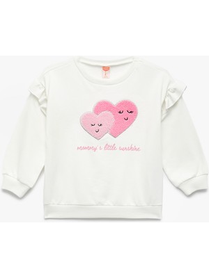Uzun Kollu Bisiklet Yaka Pamuklu Kalp Aplikeli Şardonlu Sweatshirt