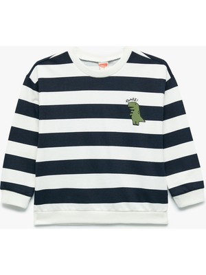 Pamuklu Şardonlu Uzun Kollu Bisiklet Yaka Çizgili Sweatshirt