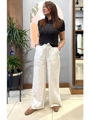 %100 Pamuk Keten Beli Lastikli ve Bağcıklı Geniş Paça Pantolon.