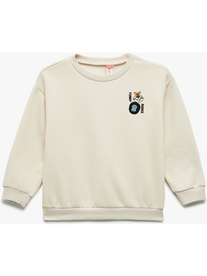 Baskılı Uzun Kollu Bisiklet Yaka Şardonlu Sweatshirt