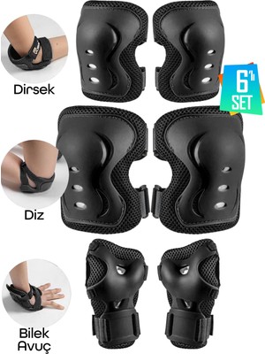 6'lı Yüksek Koruma 3-12 Yaş Paten Scooter Bisiklet Kaykay Diz Dirsek El Koruma Koruyucu Seti Siyah