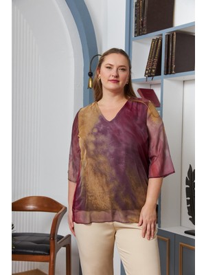 V Yaka Büyük Beden Şifon Bluz Bordo