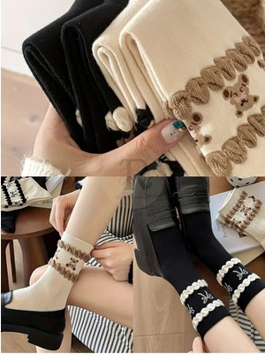 Trampler 4 Çift Kadın Pikotlu Ayıcık Desenli Renkli Çorap Kadın Mevsimlik Desenli Çorap