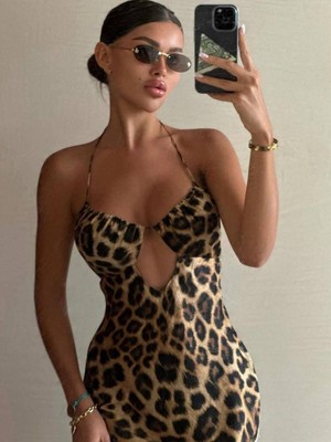 Leopar Saten Uzun Elbise