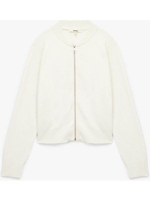 Yuvarlak Yaka Uzun Kollu Fermuarlı Triko Hırka