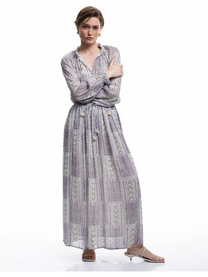 Astarlı Etnik Desenli Yüksek Beli Lastikli Bağlamalı Uzun Şifon Kloş Etek