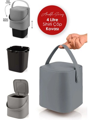 Pratik Tutma Saplı Iç Kovalı Mutfak Çöp Kovası, 4 Litre, Gri
