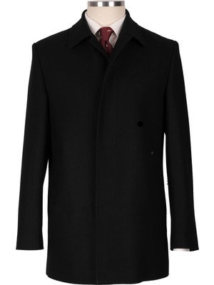 Blu Klasik Yün Kaban Uzun Kol Erkek Düz Desenli Siyah Renk 100% Yün Kumaş