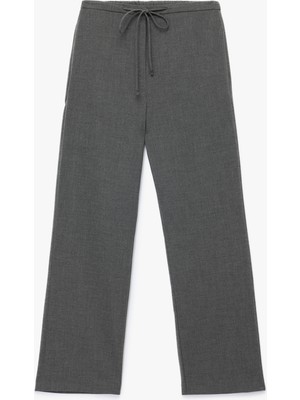 Beli Bağcıklı Cepli Uzun Düz Bol Paça Kumaş Pantolon
