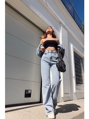 Oslo Açık Mavi Kar Yıkama Power Likralı Süper Yüksek Bel Salaş Paça Jeans Palazzo (Wide Leg)