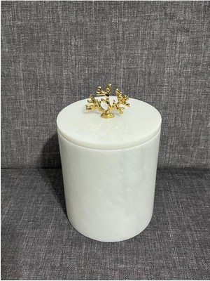 Şık Beyaz Mermer Çöp Kovası, Gold Mercan Detaylı, Modern ve Zarif Tasarım