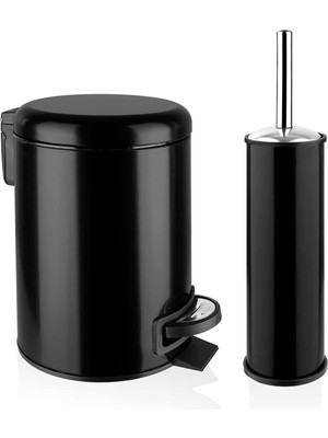 Şık Siyah Paslanmaz Pedallı Çöp Kovası ve Klozet Fırçası Seti, 3 Lt