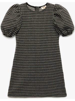 Kısa Kollu Bisiklet Yaka Balon Kollu Sim Detaylı Tüvit Elbise