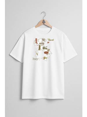 Oversize Italya Haritası ve Turistik Yerler Göğüs Tasarımlı Unisex T-Shirt