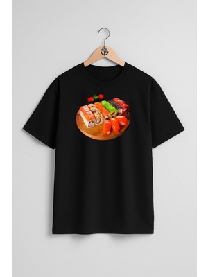 Oversize California Roll Sashimi Sushi Makizushi Unagi Göğüs Tasarımlı Unisex T-Shirt