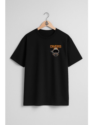 Oversize Divers Dalgıç Başlığı Cep Tasarımlı Unisex T-Shirt