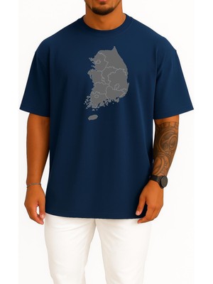 Oversize Seul Güney Kore Harita Göğüs Tasarımlı Unisex T-Shirt