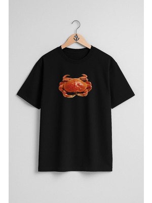 Oversize Yengeç Deniz Ürünü Crab Göğüs Tasarımlı Unisex T-Shirt