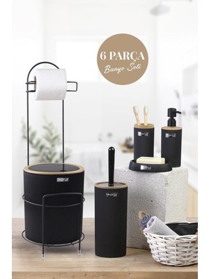 Siyah Yuvarlak Mina Due Standlı Wc Kağıtlık ve 6 Parça Banyo Seti
