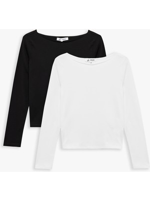 Slim Fit Uzun Kollu Kayık Yaka Pamuklu 2'li Tişört Seti
