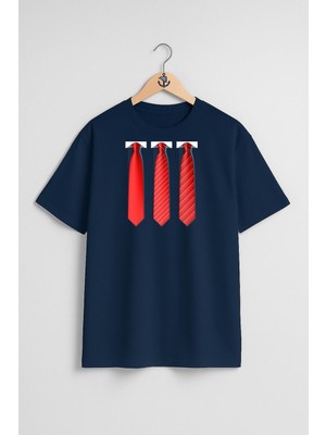 Oversize Üç Kırmızı-Beyaz Kravat Göğüs Tasarımlı Unisex T-Shirt