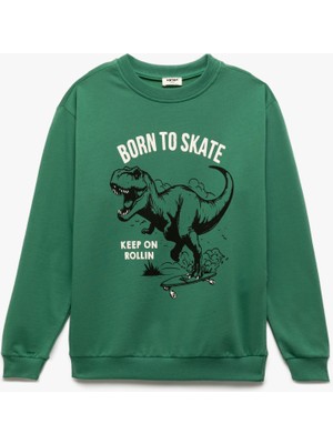 Koton Dinozor Baskılı Uzun Kollu Sweatshirt Erkek Çocuk Cepsiz Bisiklet Yaka Şardonlu