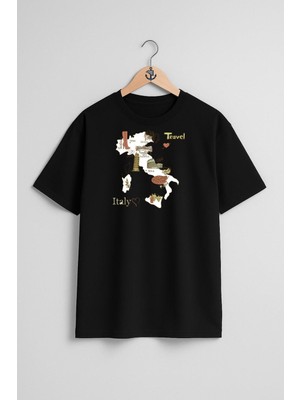 Oversize Italya Haritası ve Turistik Yerler Göğüs Tasarımlı Unisex T-Shirt