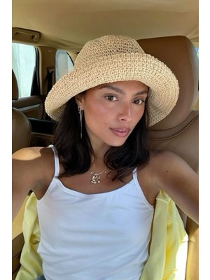 Ithal Bej Örgü Bucket Hasır Şapka