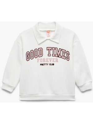 Uzun Kollu Şardonlu Baskılı Polo Yaka Sweatshirt