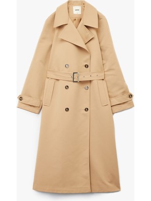 Astarlı Uzun Kollu Cepli Kemerli Kruvaze Trençkot