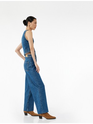 Yüksek Bel Rahat Kesim Geniş Paça Pamuklu Jean Pantolon - Culotte Jeans