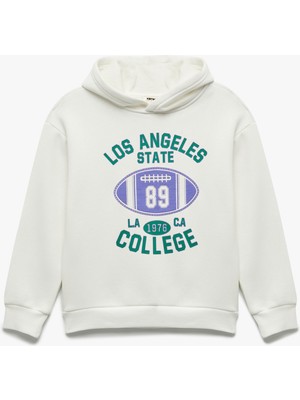Şardonlu Uzun Kollu Kapşonlu Baskılı Sweatshirt