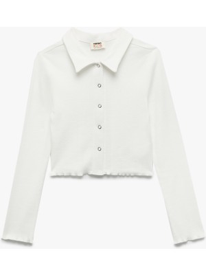 Pamuklu Uzun Kollu Gömlek Yaka Crop Tişört