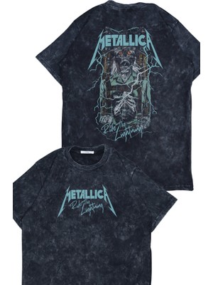 Unisex Ride The Lightning Sırt Yazılı Yıkamalı T-Shirt, Oversize Rock Band Metallica Temalı Tişört