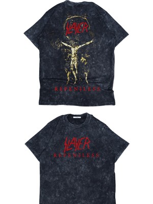 Unisex Repentless Sırt Yazılı Yıkamalı T-Shirt, Oversize Rock Band Slayer Temalı Retro Tişört