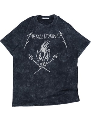 Unisex Metallifukinca Yazılı Yıkamalı T-Shirt, Oversize Rock Band Metallica Temalı Vintage Tişört